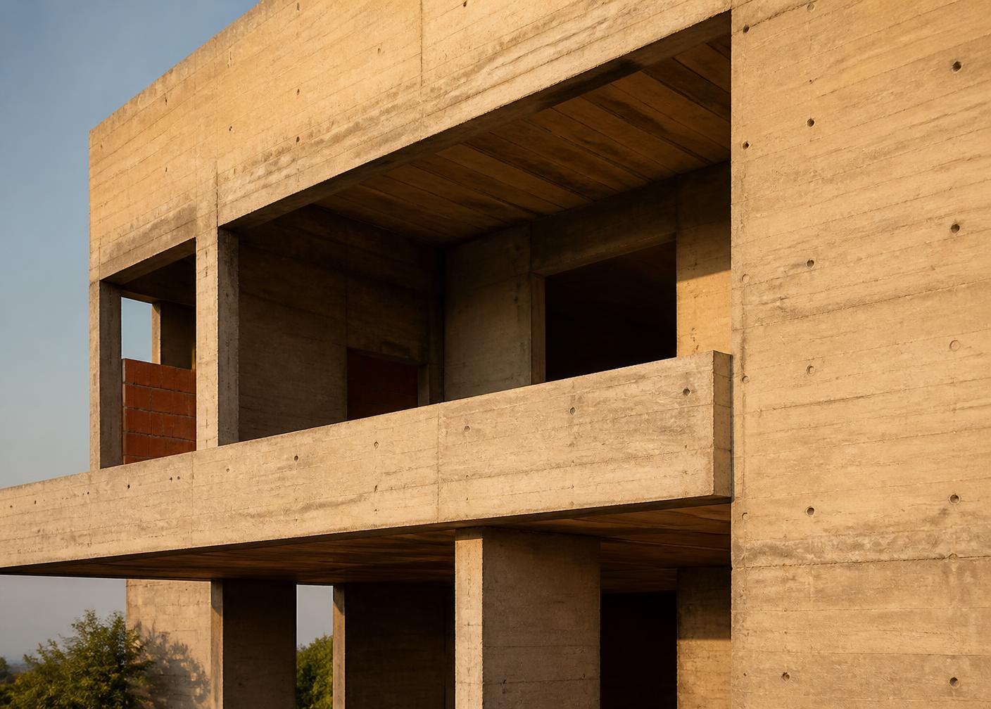 Detalhe construtivo de estrutura de concreto aparente em obra